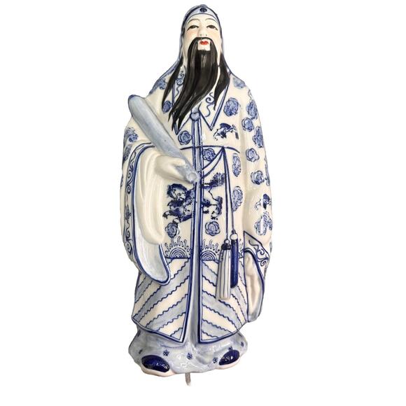 Vintage Chinese Large Blue White Porcelain Wiseman God (Fu-Xing) - Picture 3 of 7